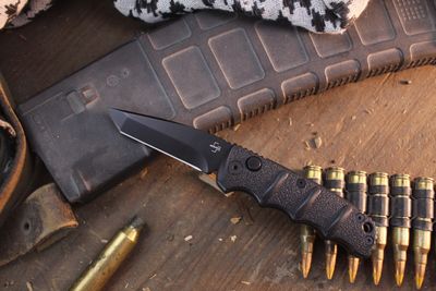 Boker Plus Kals Mini Tanto 2.52 Button Lock Auto Folder / Indexed Black Aluminum / Black D2