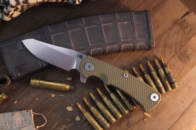Hinderer Knives Project X Sheepsfoot 3.66" Framelock Flipper / OD Green G-10 &amp; Working Finish Titanium / Stonewash MagnaCut