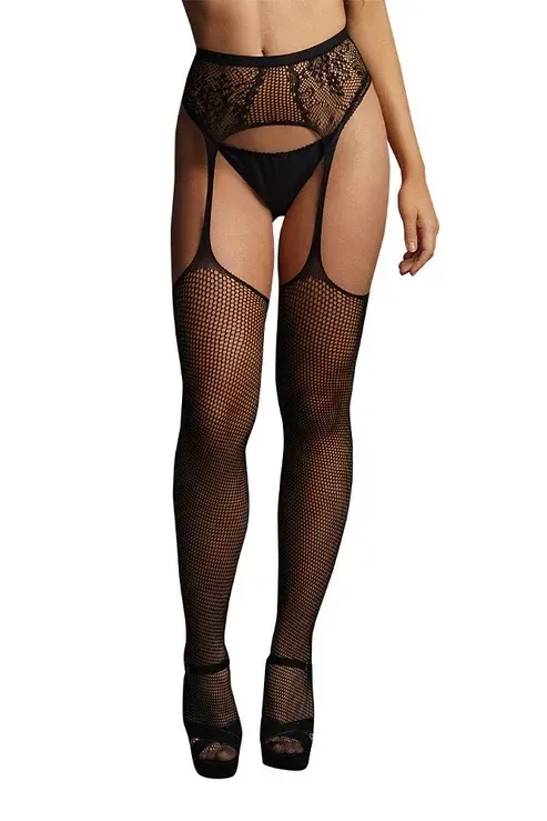 Desire Black Fishnet And Lace Garterbelt Stockings