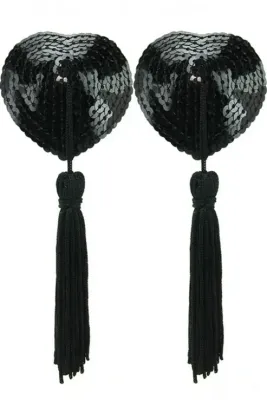 Sequined Heart Pasties With Tassels in Black