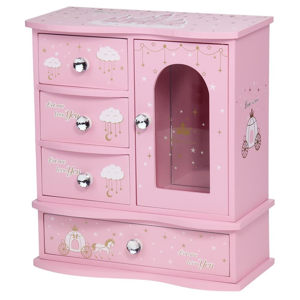 Wooden Jewelry Box Trinket Organizer Chest Pink Dream Castle Design