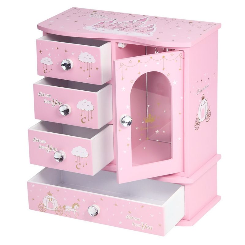 Wooden Jewelry Box Trinket Organizer Chest Pink Dream Castle Design