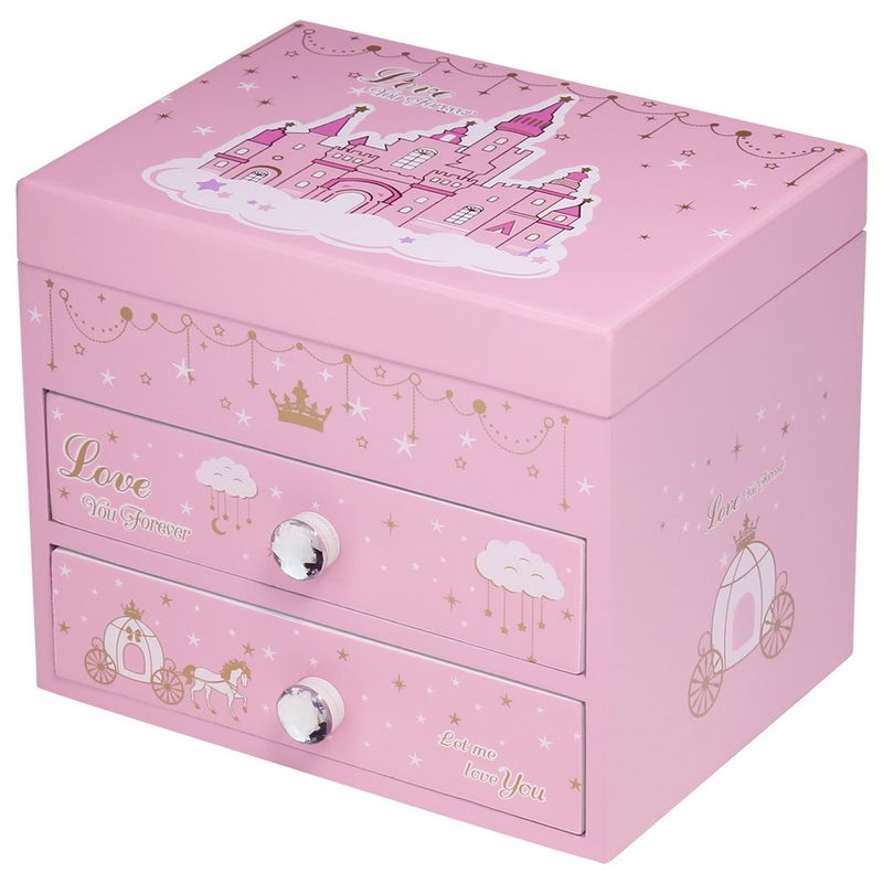 Wooden Jewelry Box Jewel Casket Musical Ballerina Pink Dream Castle Theme Design