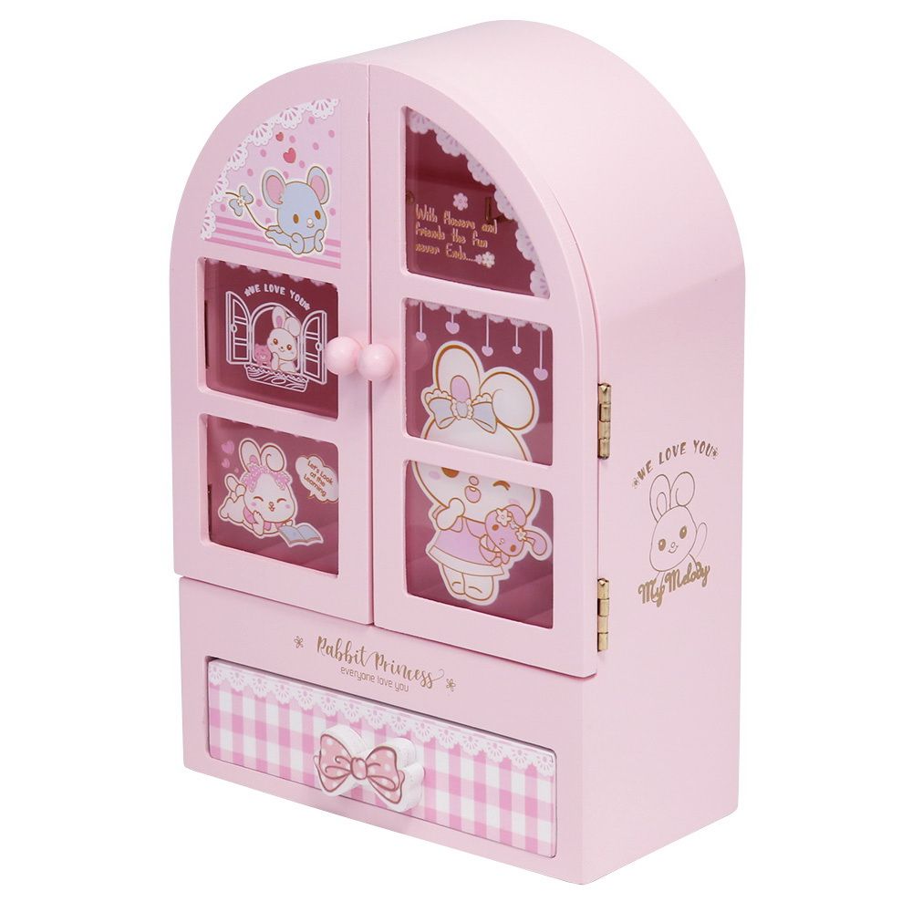 Kids Wooden Jewelry Box Jewellery Organizer Chest Pink Rabbit Princess Cabinet