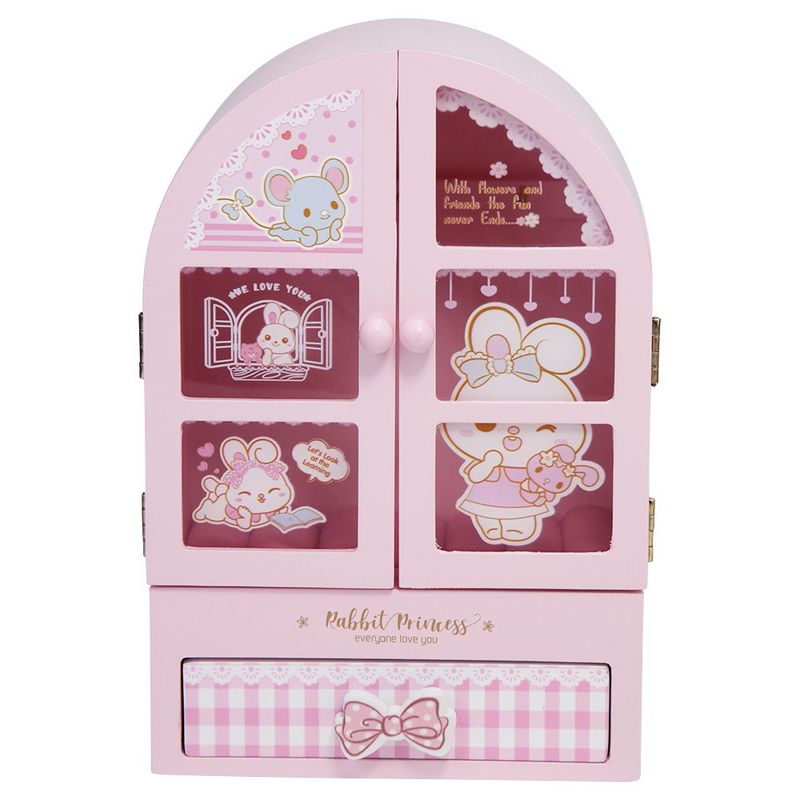 Kids Wooden Jewelry Box Jewellery Organizer Chest Pink Rabbit Princess Cabinet