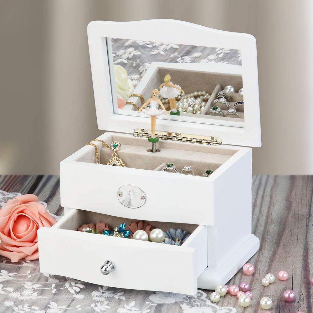 Ballerina Music Jewelry Box Wooden Storage Case for Girls, Bolero Melody, White