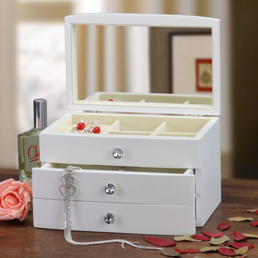 Wooden Jewelry Box Wood Jewellery Organizer with Large Mirror