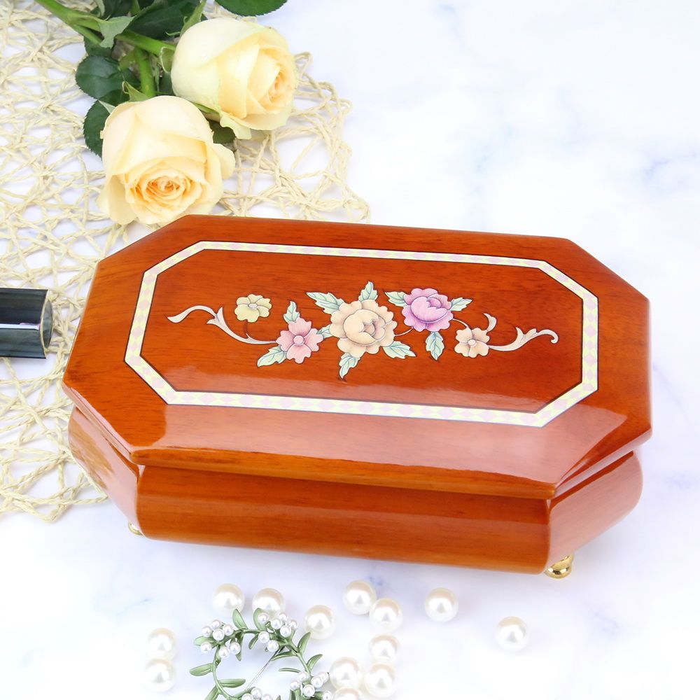 Octagonal Wooden Jewelry Music Box Italian Inlaid Style Design Gloss Lacquer Fin