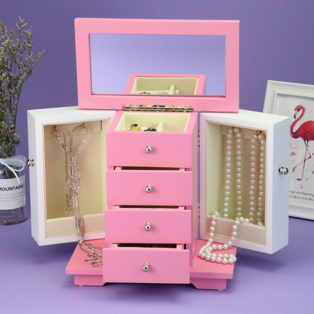 Wooden Jewelry Cabinet Box Pink White Two Tone Storage Jewellery Organizer Gift