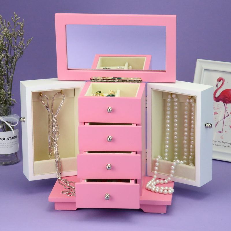 Wooden Jewelry Cabinet Box Pink White Two Tone Storage Jewellery Organizer Gift