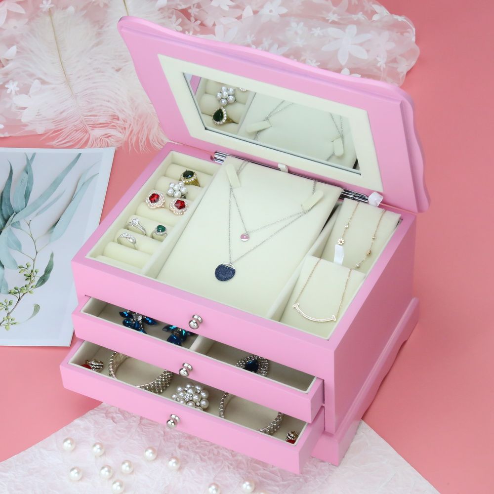 Wooden Jewelry Organizer Box Pink with Drawers