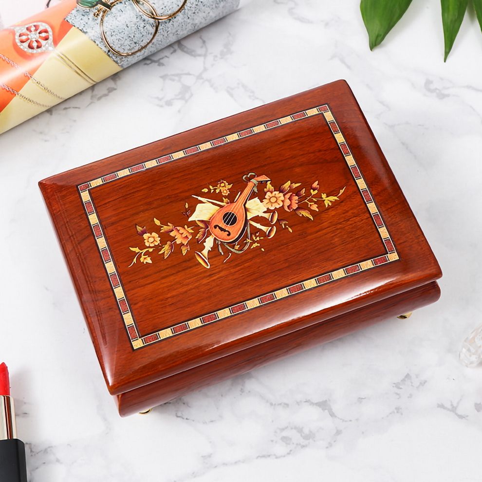 Solid Wood Jewelry Music Box Gloss Lacquer Mediterranean Inlaid Style Design