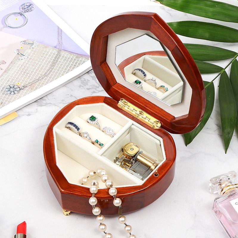 Heart Shape Jewellery Music Box Glossy Lacquer Cherry Wood Musical Jewel Case