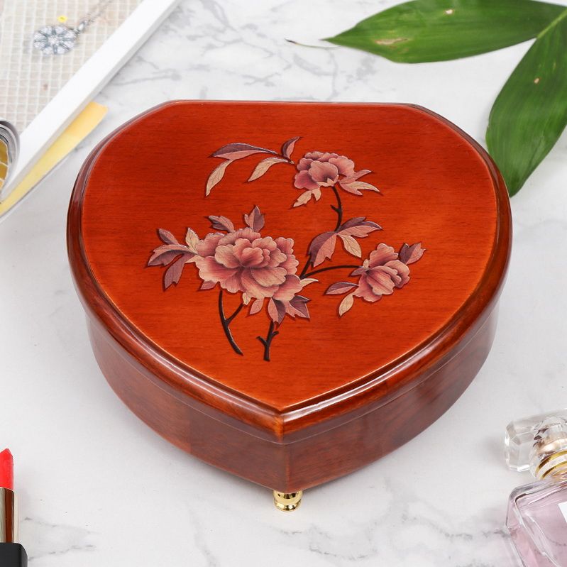 Heart Shape Jewellery Music Box Glossy Lacquer Cherry Wood Musical Jewel Case