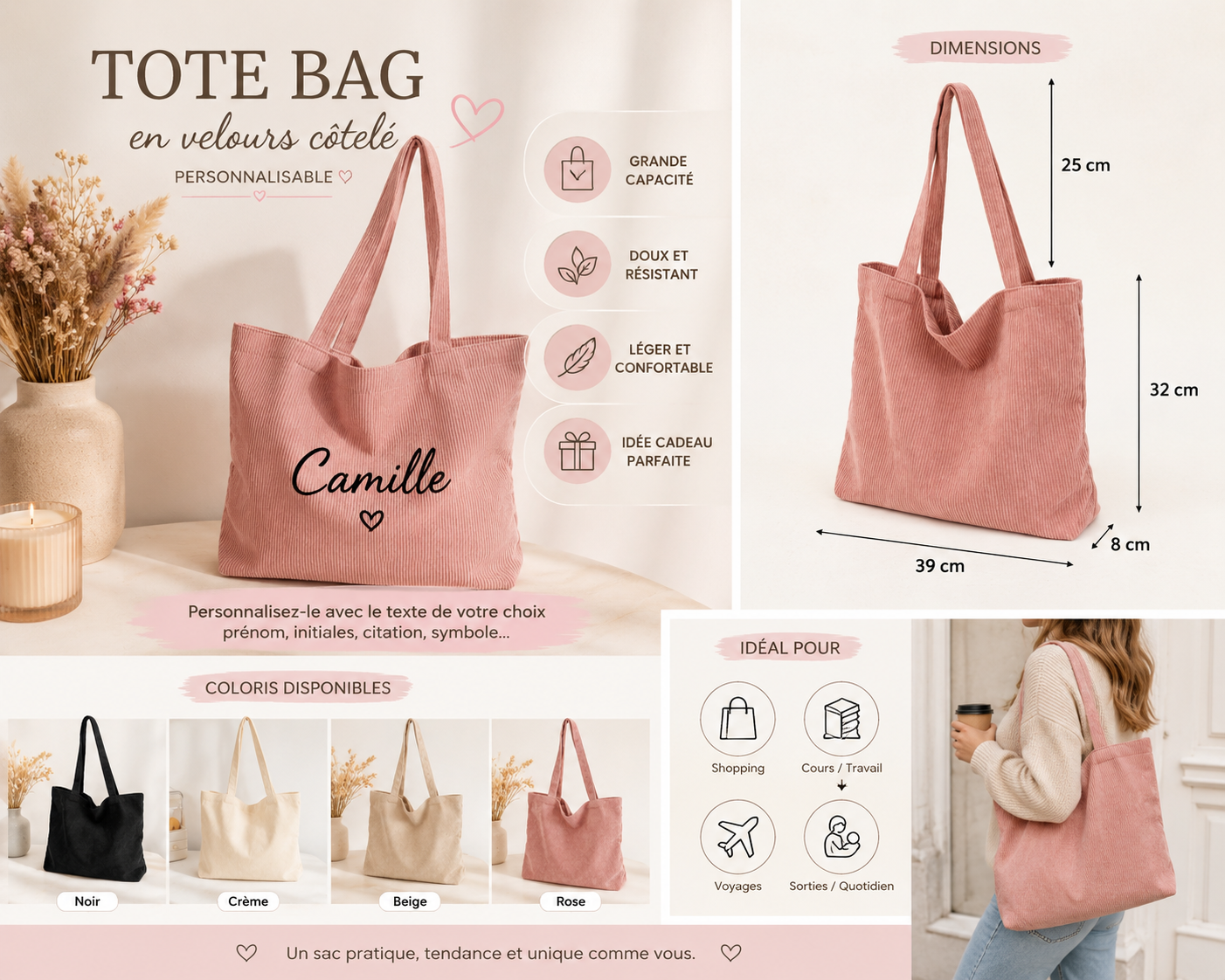 Tote Bag en Velours Côtelé Personnalisable