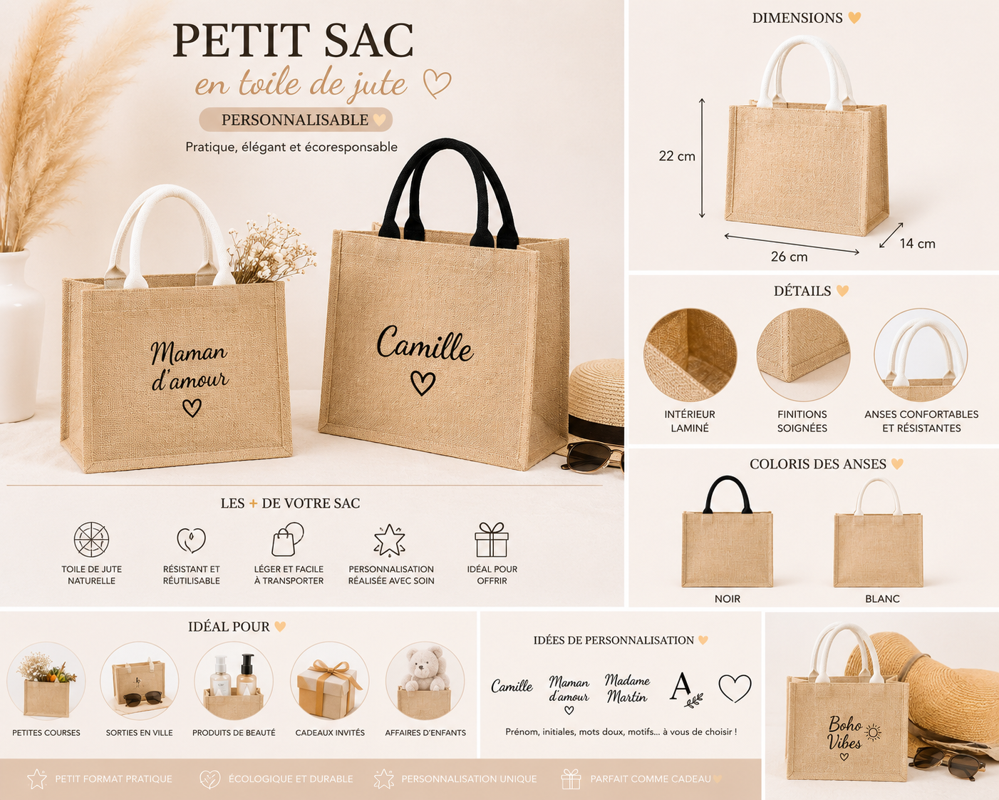Petit Sac en Toile de Jute Personnalisable