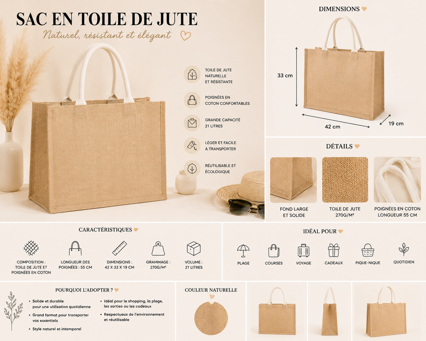Sac en toile de jute Grand modèle personnalisable