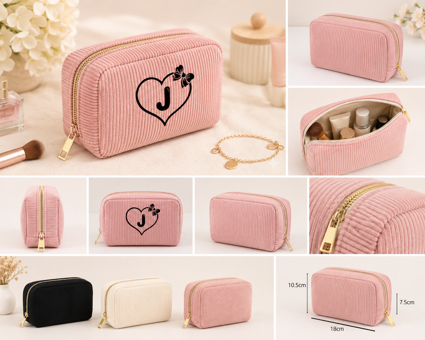 Trousse de maquillage en velours côtelé personnalisable