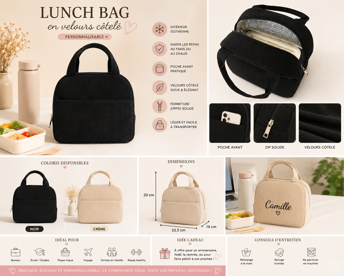 Lunch Bag Isotherme en Velours Côtelé Personnalisable