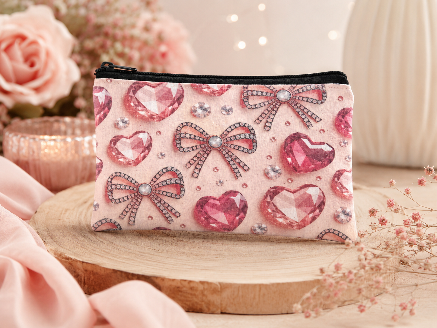 Trousse plate zippée – Cœurs & Nœuds scintillants