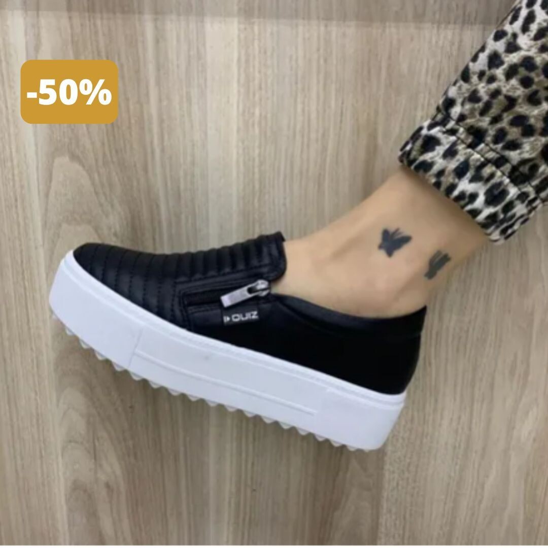 Tênis Preto Slip On Flatform Com Zíper
