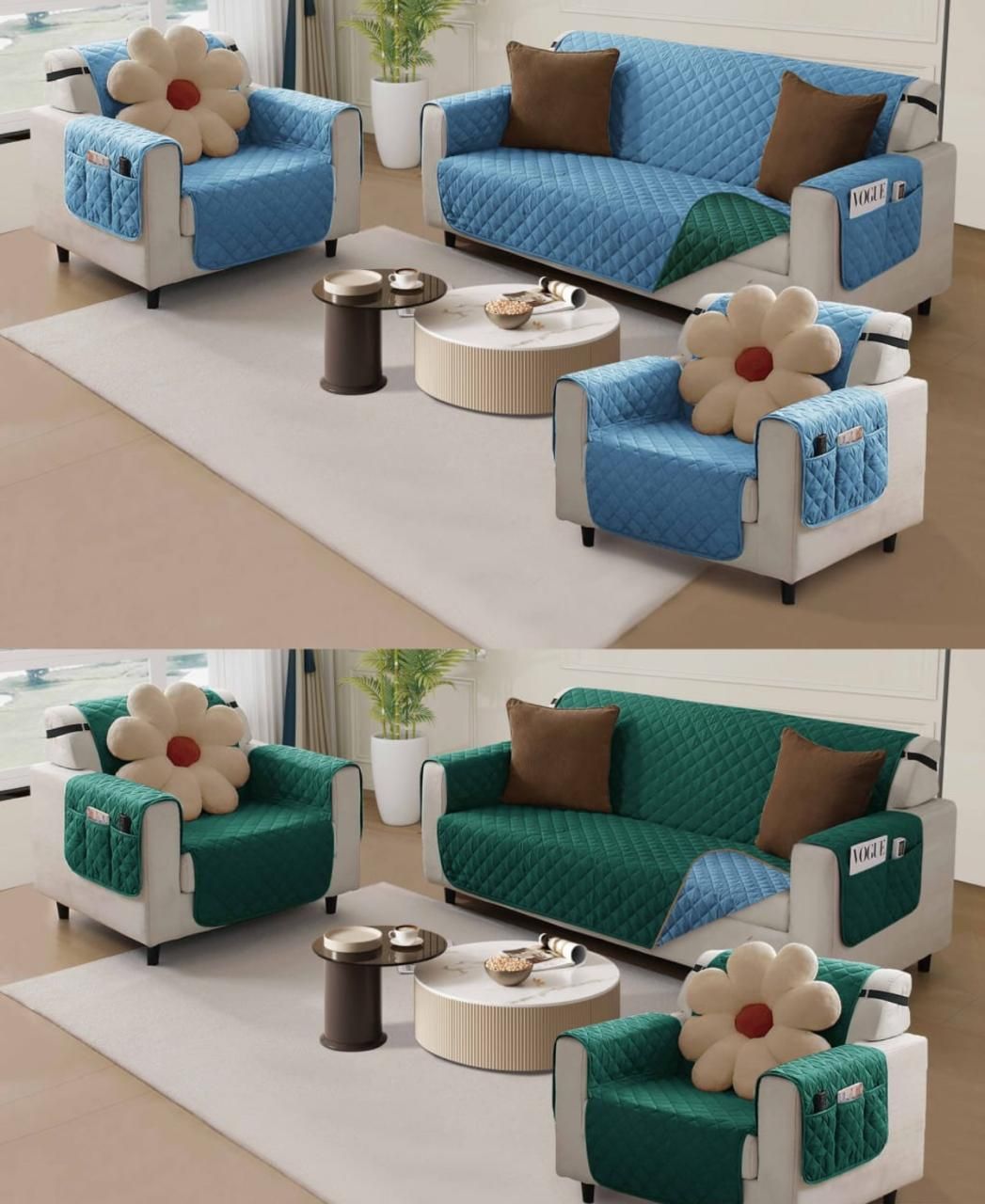 CUBRE SOFA 3+1+1 REVERSIBLE IMPERMEABLE BICOLOR TURQUEZA