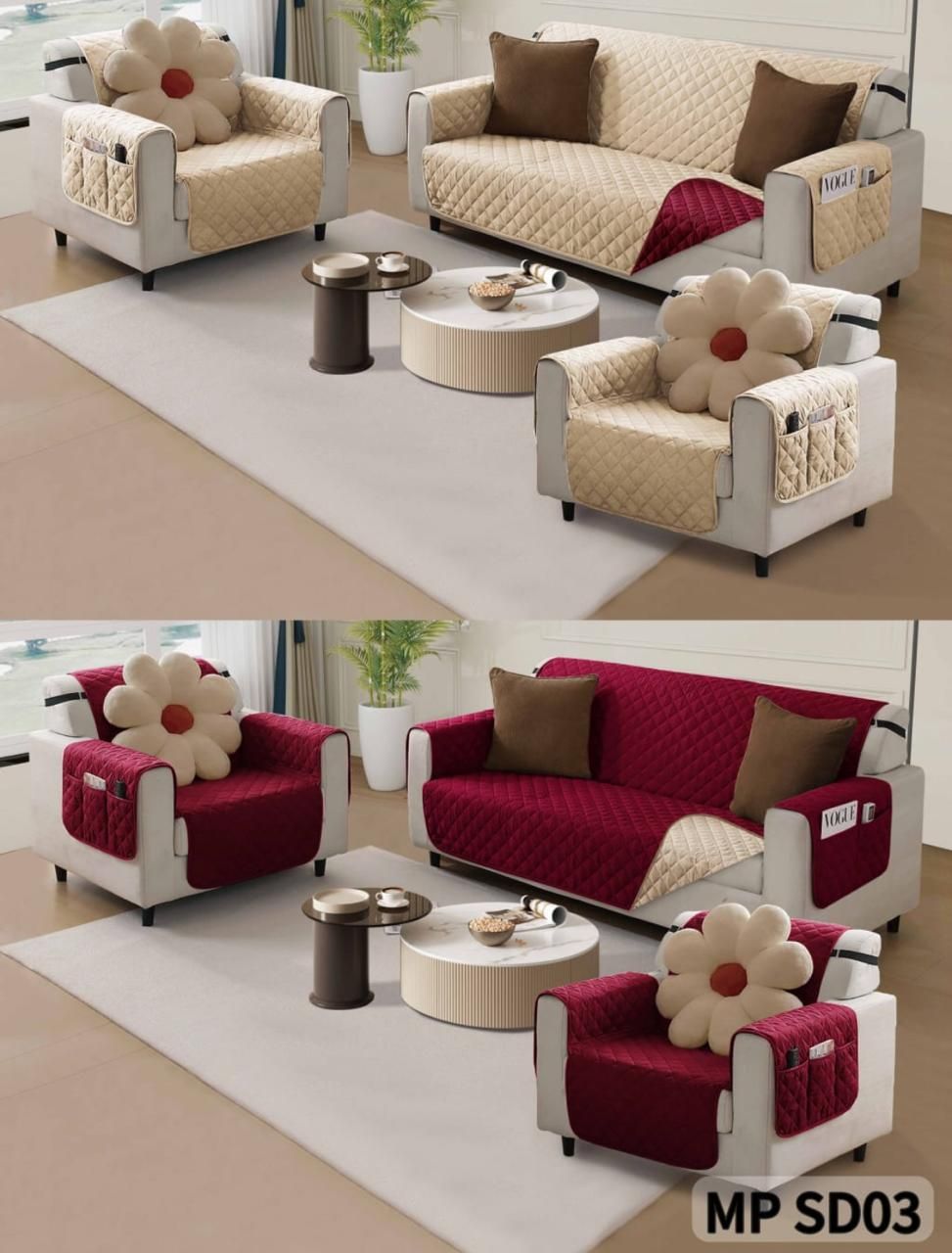 CUBRE SOFA 3+1+1 REVERSIBLE IMPERMEABLE BICOLOR BURDEO