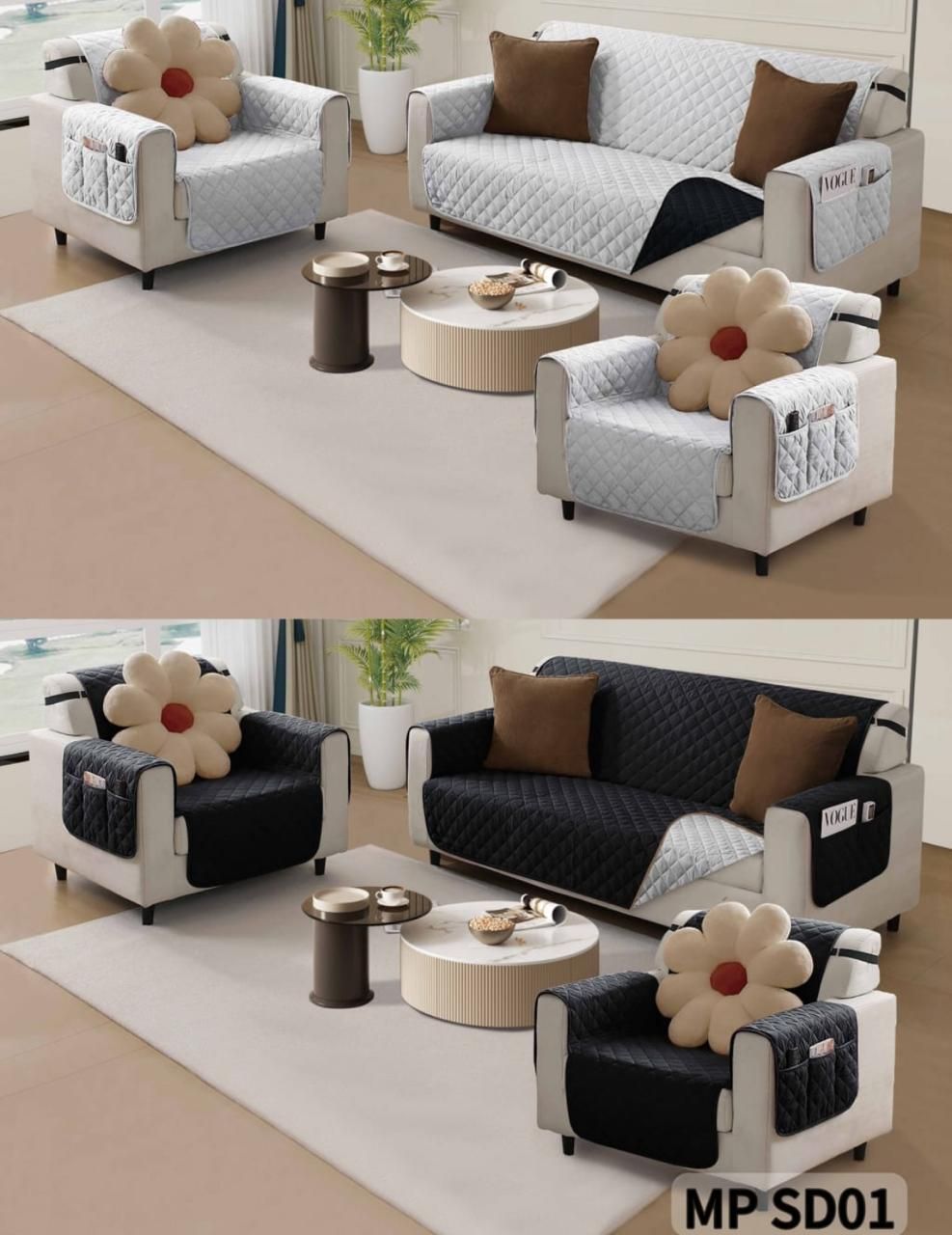 CUBRE SOFA 3+1+1 REVERSIBLE IMPERMEABLE BICOLOR NEGRO