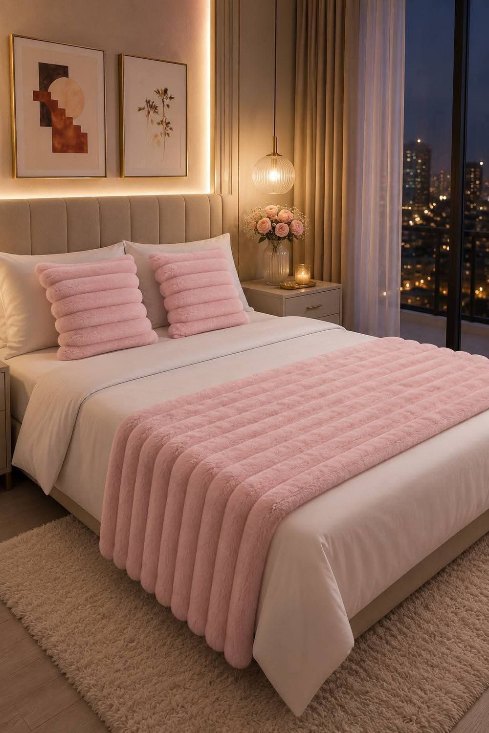 PIECERA PELO DE CONEJO 2 PLAZAS + 2 FUNDAS DE COJIN ROSA
