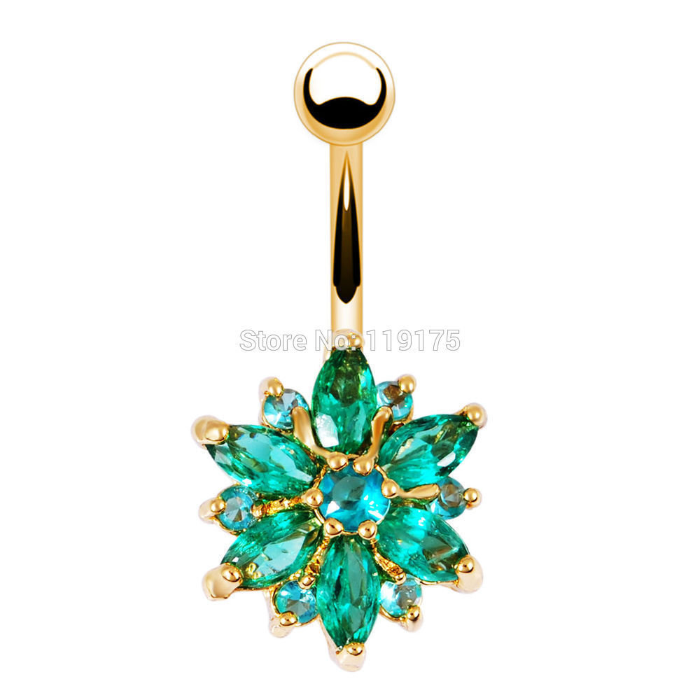 316L Stainless Steel Green Flower Crystal Navel Bars Gold Belly Button Ring Navel Piercing Jewelry 1.6*10*5*8mm