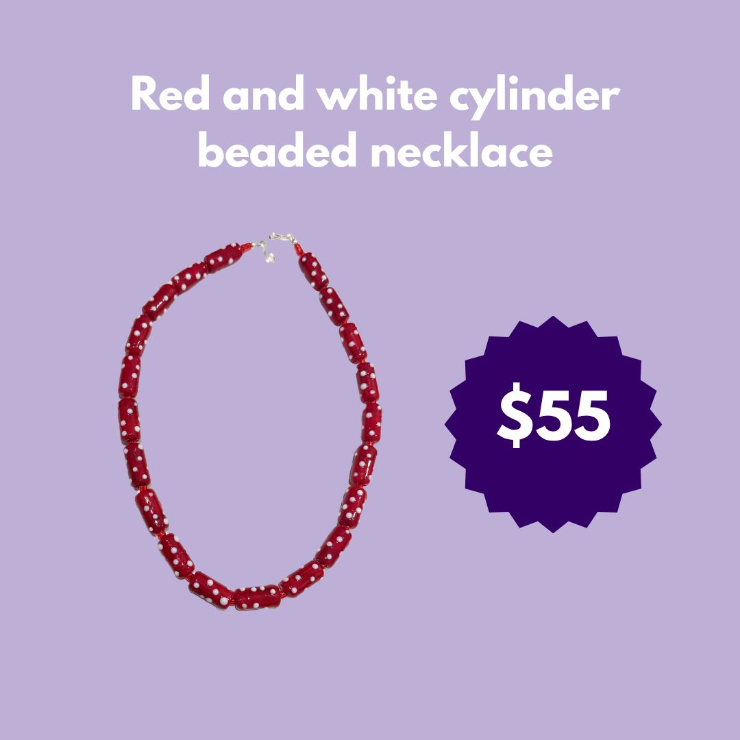 Red and white cylinder beaded necklace