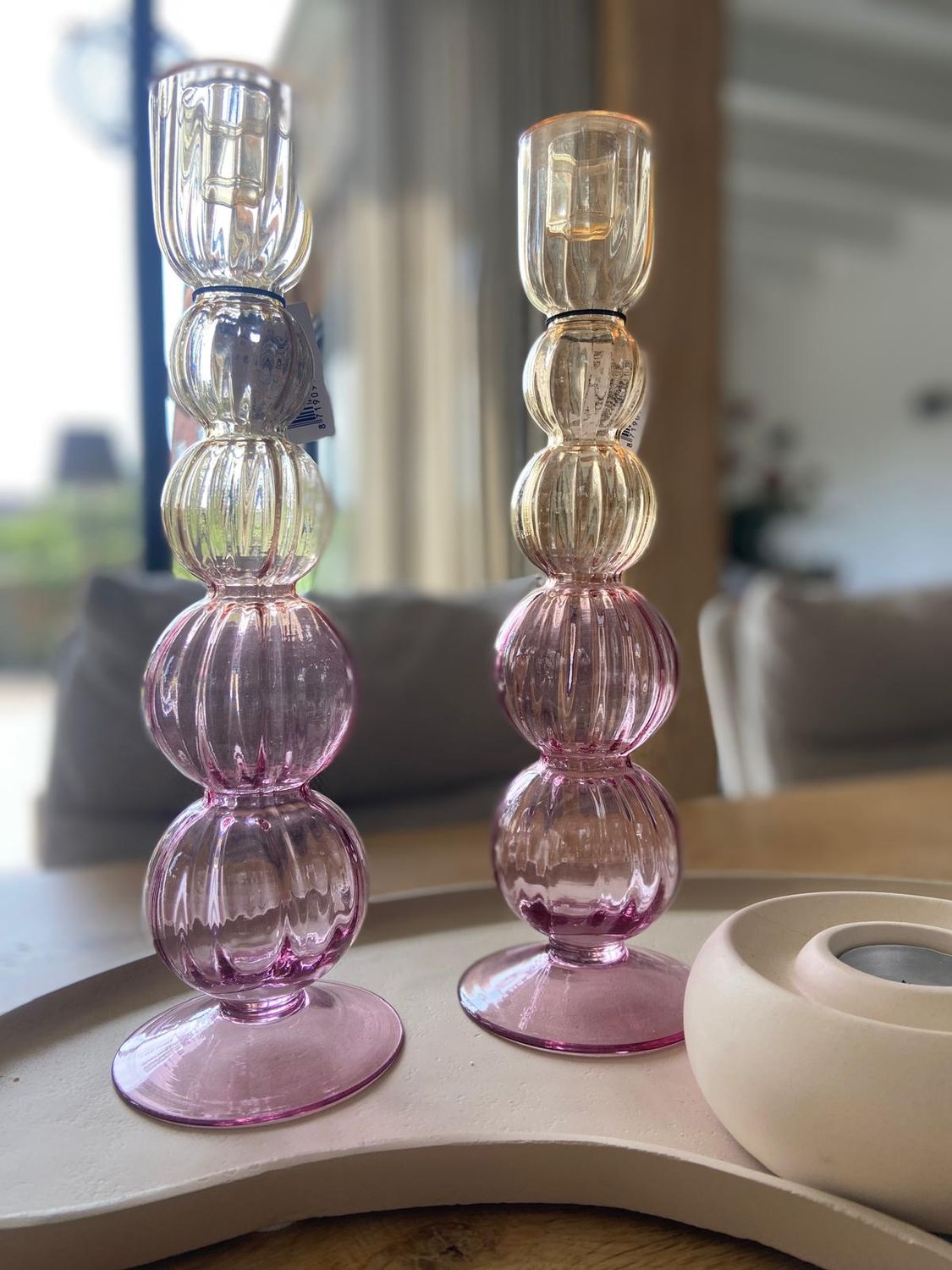 Glazen kandelaar - pink en amber