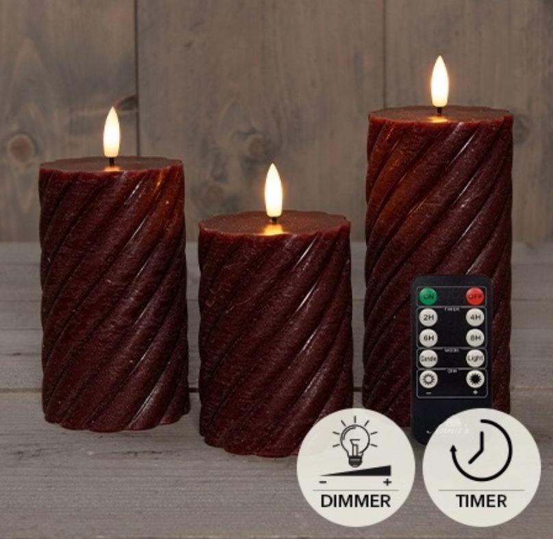 Led stompkaars Set 3 bordeaux