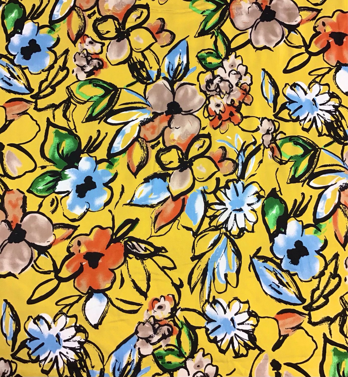 Cotton Satin- Yellow with Flowers