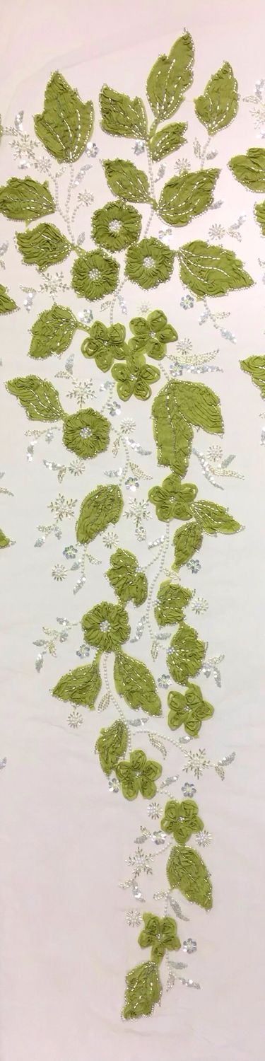 Ribbon Embroidered Tulle with Sequins and Beads- Panel- Green