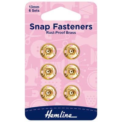 Snap Fasteners: Sew-on: Gold: 13mm: Pack of 6