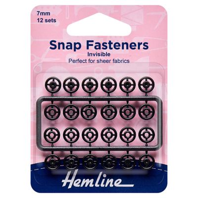 Snap Fasteners: Sew-on: Black (Invisible): 7mm: Pack of 12