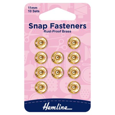 Hemline - Snap Fasteners: Sew-on: Gold: 11mm: Pack of 10