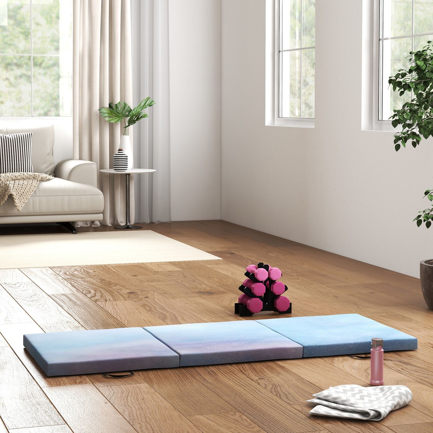 Tapis de Gymnastique Yoga Pilates Fitness pliable en 3 panneaux avec poignées