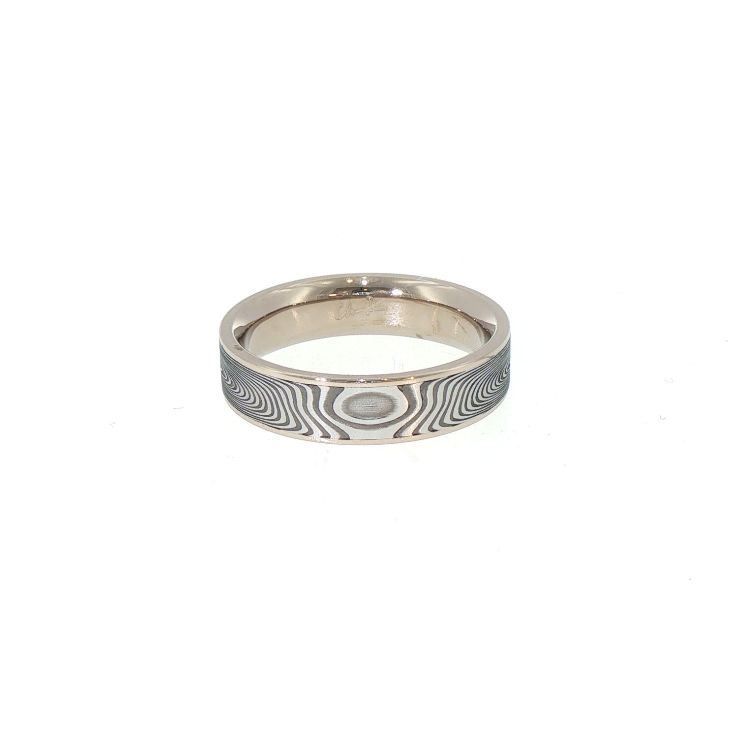 Vortex Damascus Stainless Steel Band 18K palladium white gold rails, flat profile, CF, 6mm