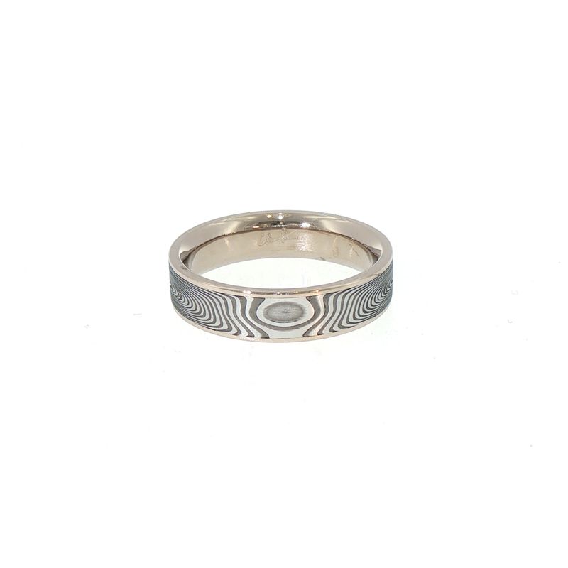 Vortex Damascus Stainless Steel Band 18K palladium white gold rails, flat profile, CF, 6mm