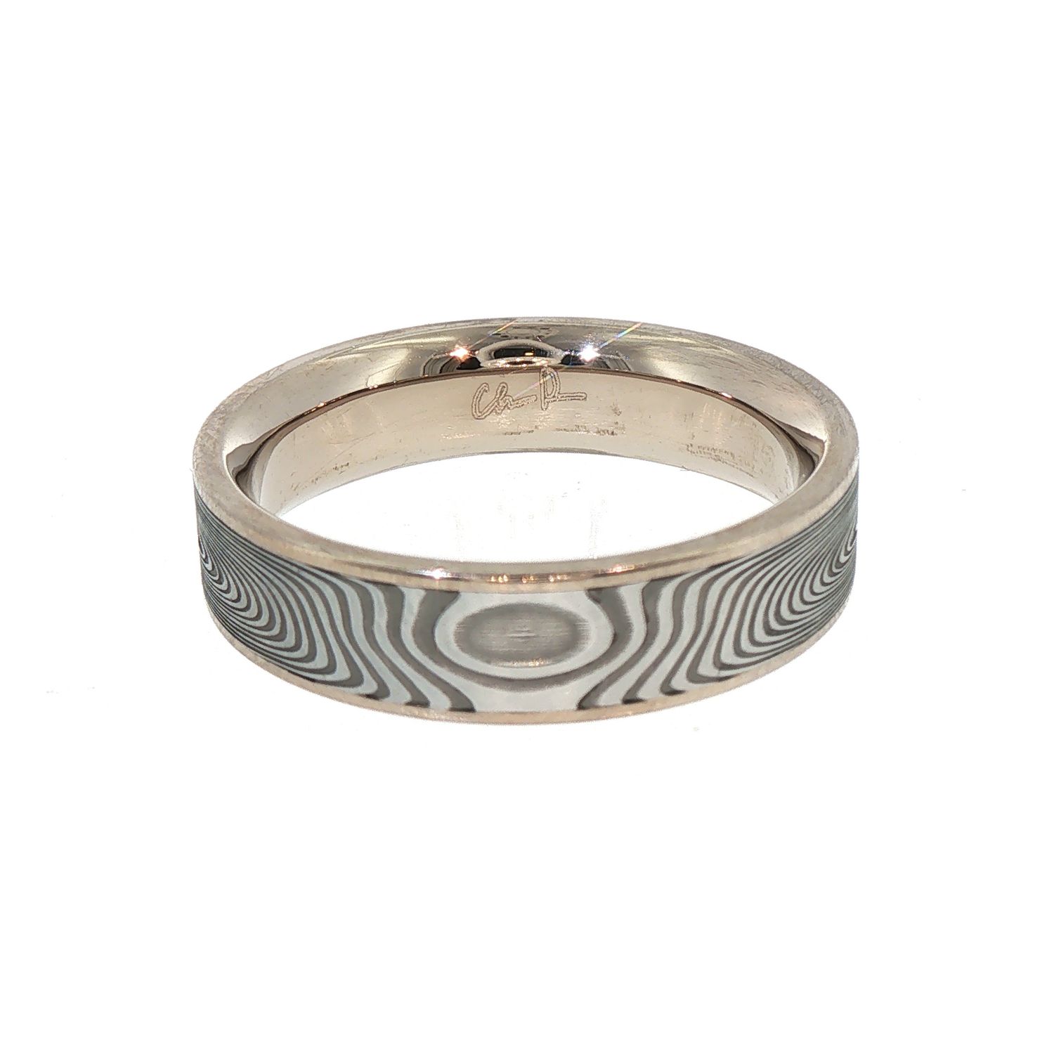Vortex Damascus Stainless Steel Band 18K palladium white gold rails, flat profile, CF, 6mm