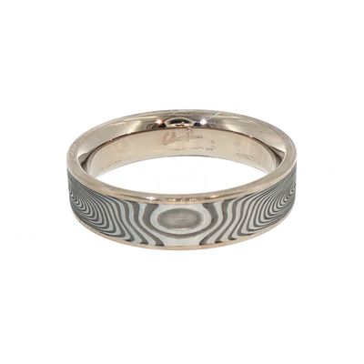 Vortex Damascus Stainless Steel Band 18K palladium white gold rails, flat profile, CF, 6mm