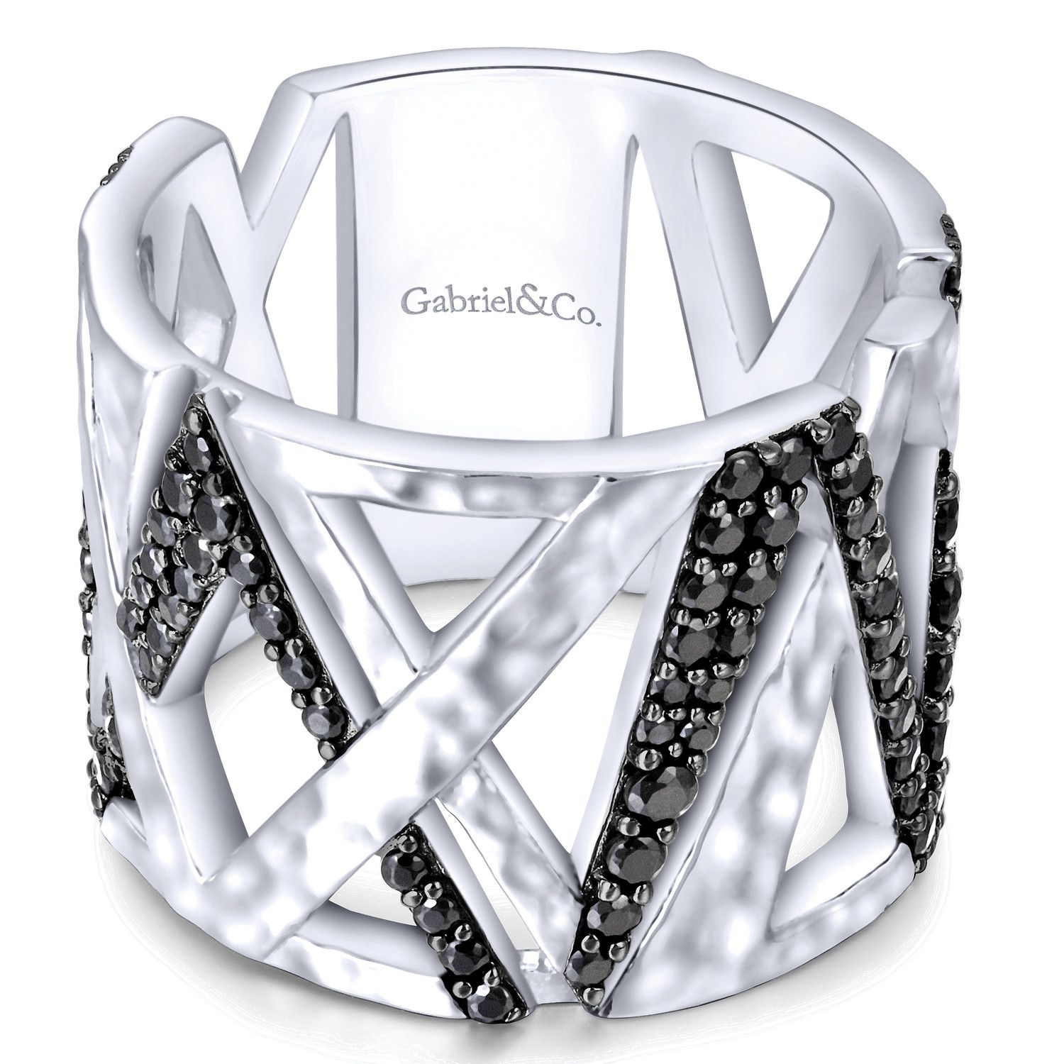 Sterling Silver Hammered Black Spinel Wide Ring