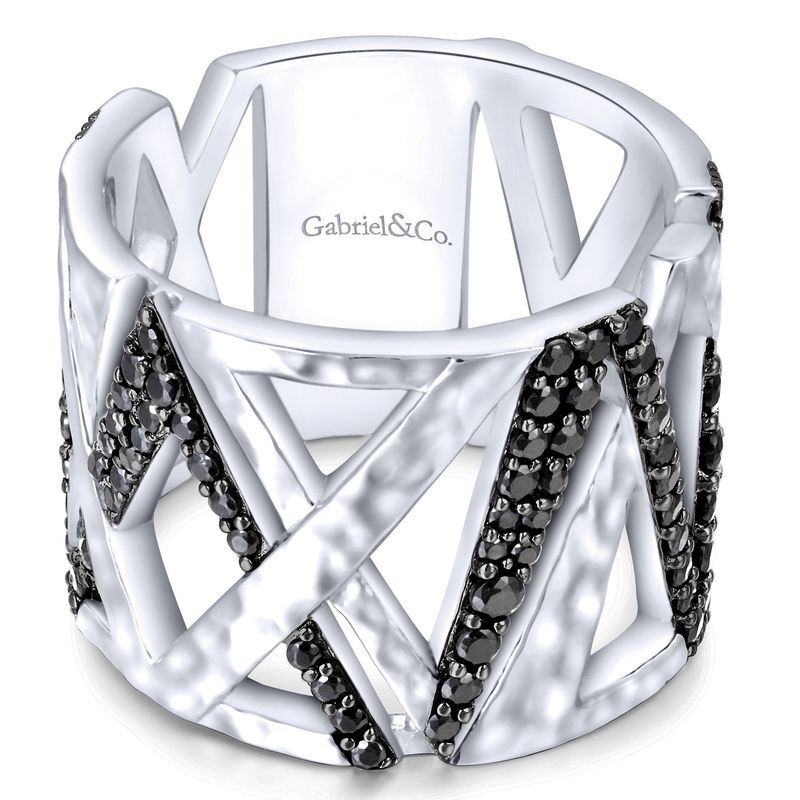 Sterling Silver Hammered Black Spinel Wide Ring