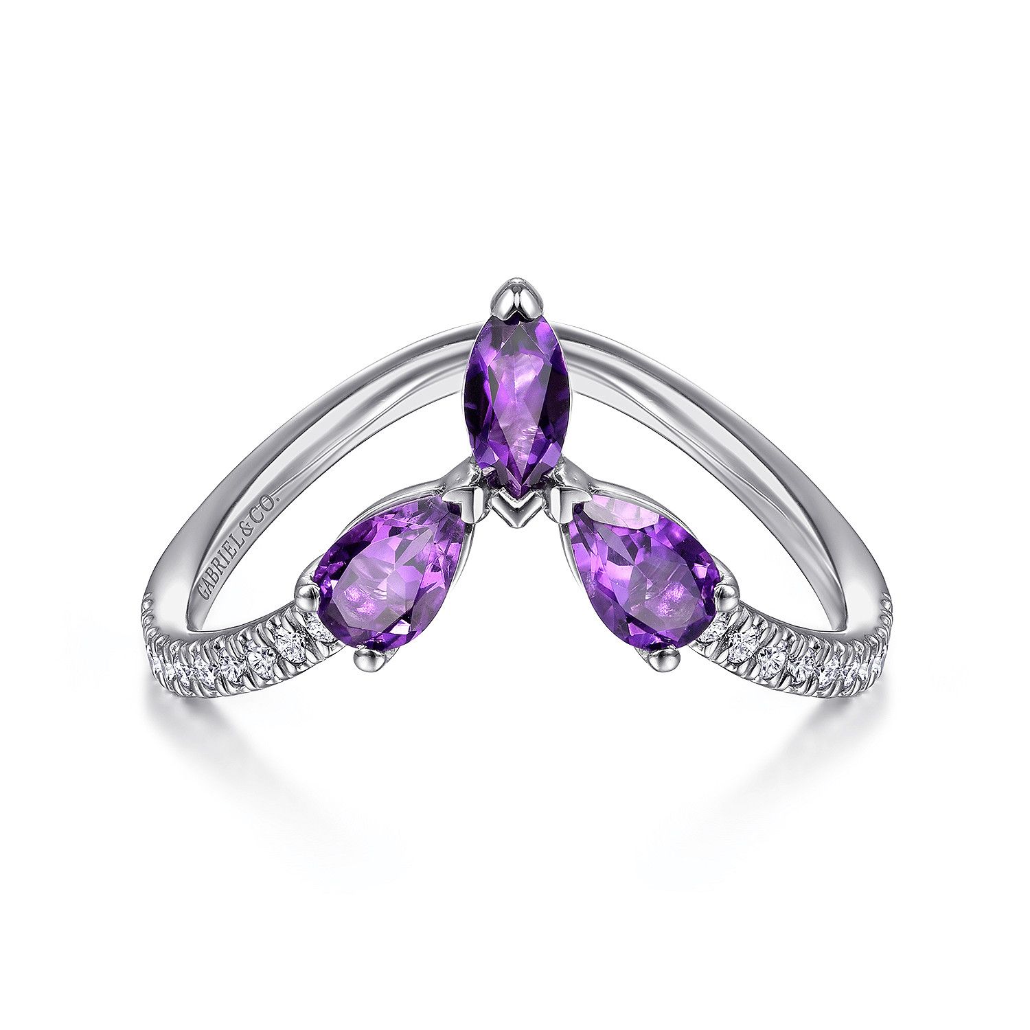 14KW Amethyst and Diamond V Ring