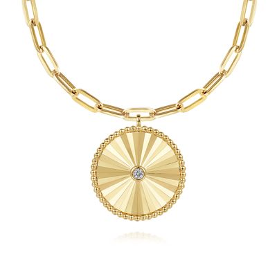 14KY 18" Diamond Medallion on Hollow Paperclip Chain