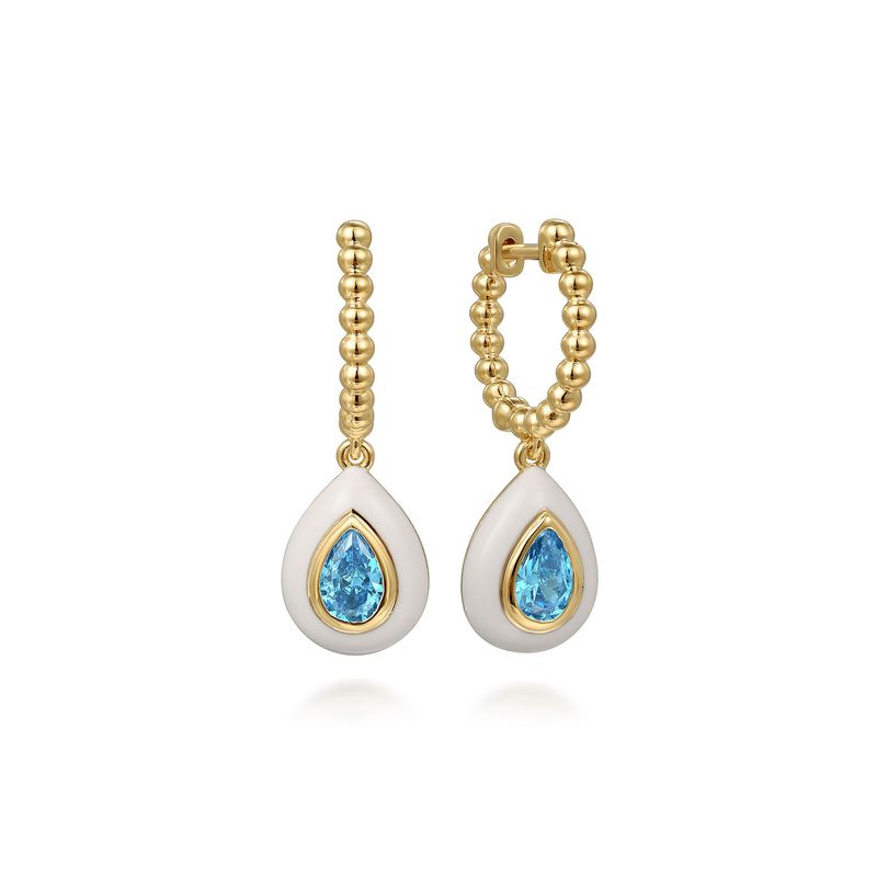 Blue Topaz White Enamel Drop Huggies