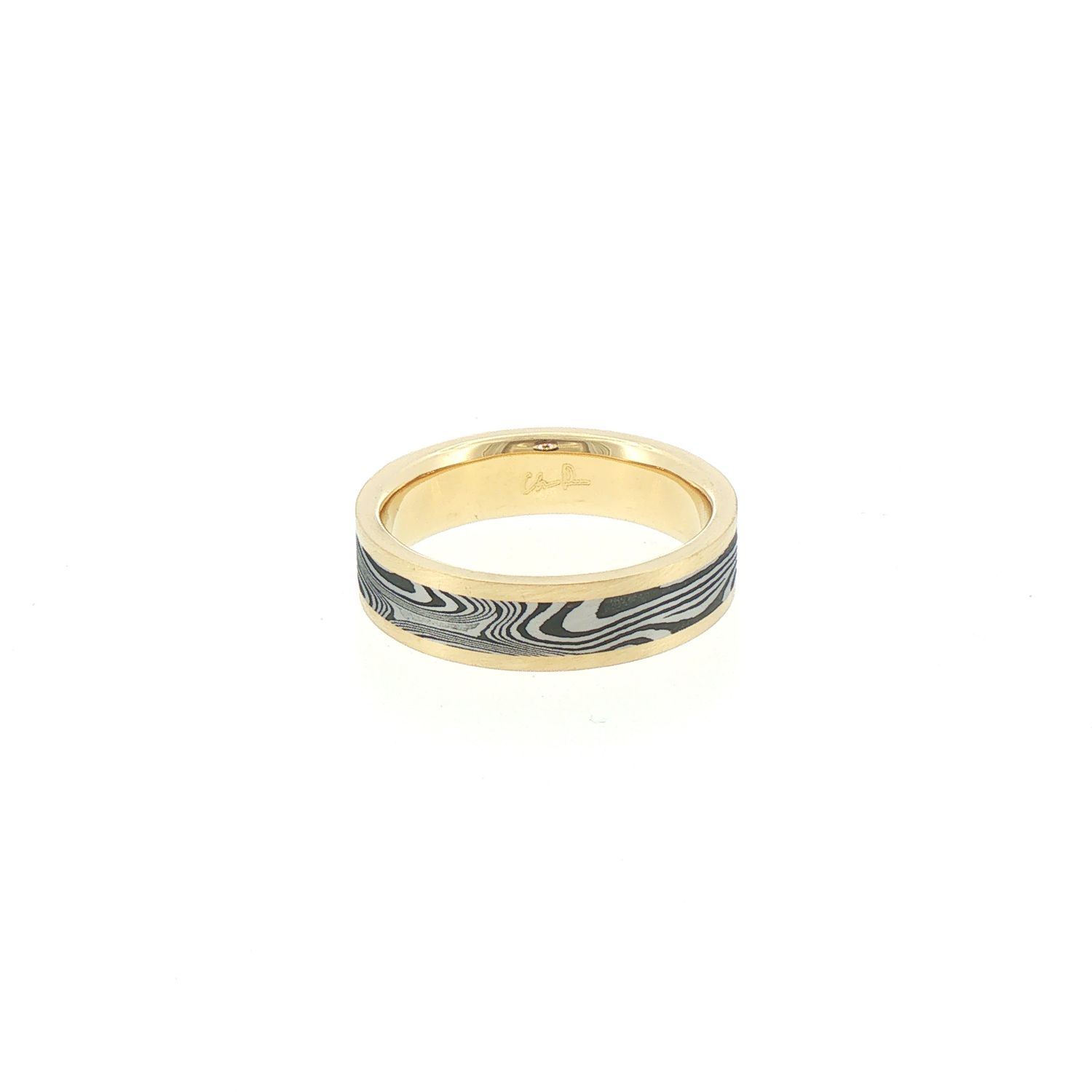 Cosmic Damascus Steel Ring Lined with 18k Yellow Gold Rails Flat Exterior 6mm Matte Finish/ Sz10.75