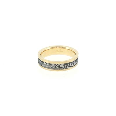 Cosmic Damascus Steel Ring Lined with 18k Yellow Gold Rails Flat Exterior 6mm Matte Finish/ Sz10.75